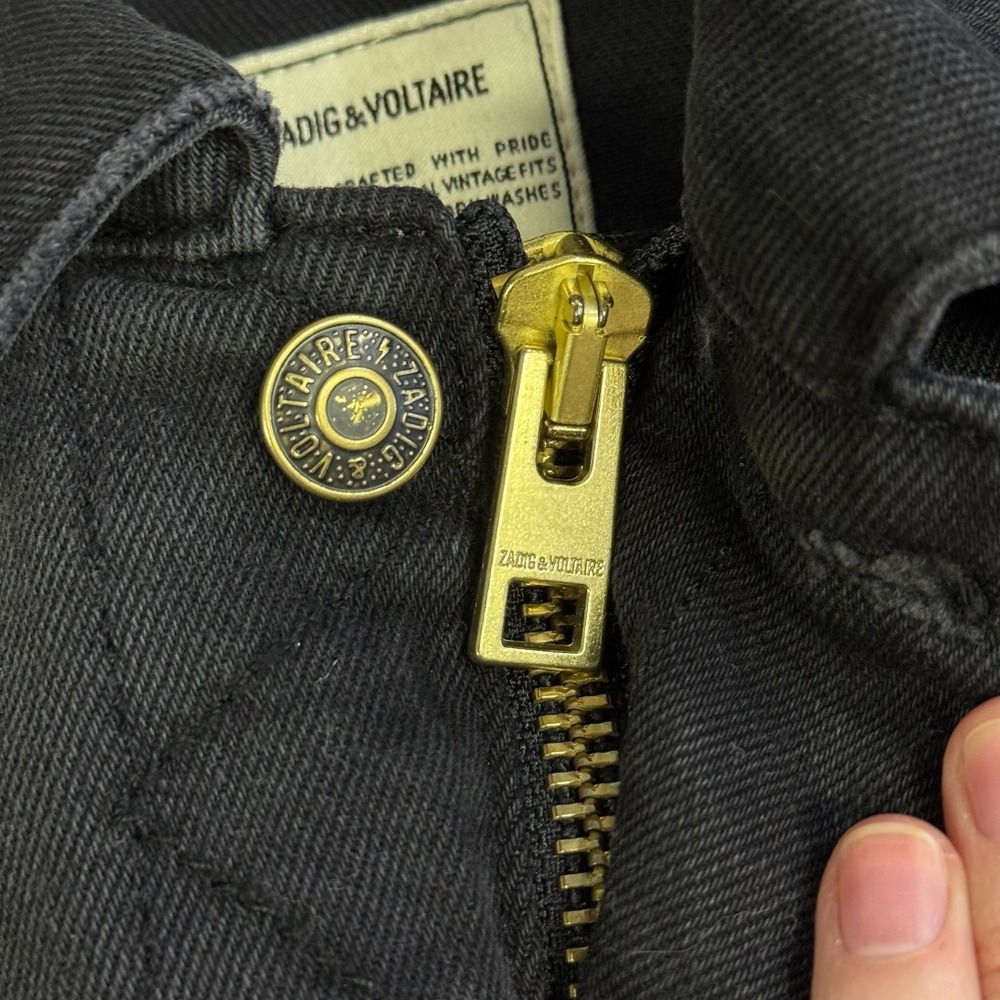 Zadig & Voltaire Y2K Kioky Grunge Black Denim Jacket Rhinestone Eagle XS - Picture 4 of 11
